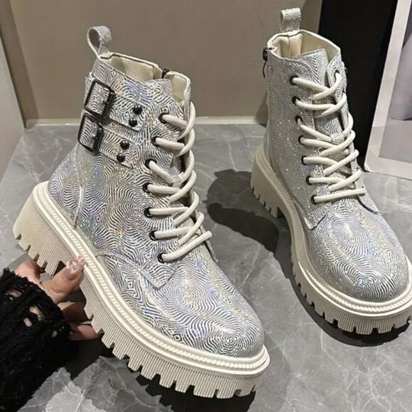 Silvery platform combat boots sz 8.5 - Picture 1 of 9